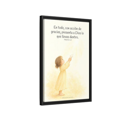Con acción de gracias, presenta todo a Dios — Lienzo Cristiano Enmarcado | Filipenses 4:6 — 16×24 pulgadas, marco negro, vista lateral del marco flotante