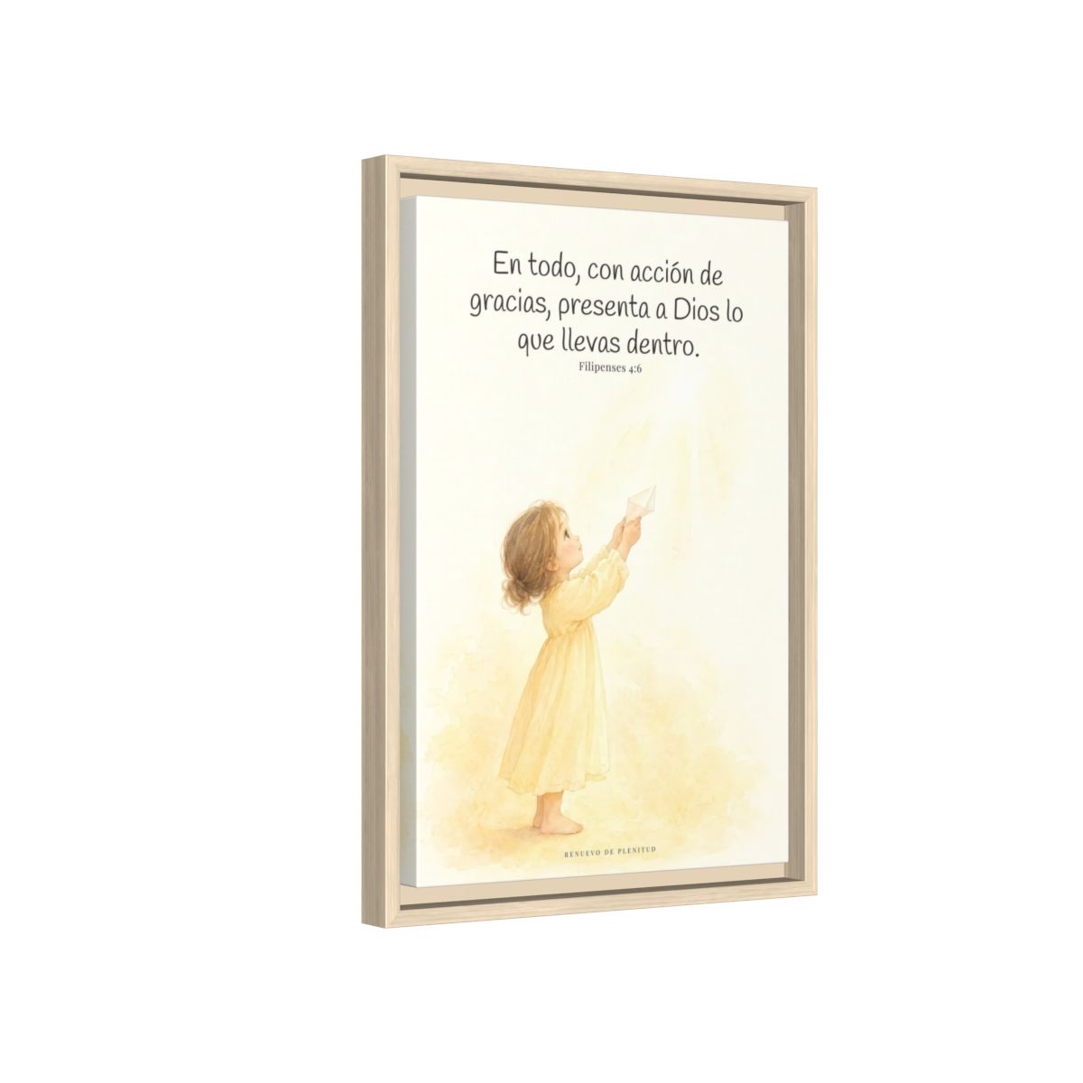 Con acción de gracias, presenta todo a Dios — Lienzo Cristiano Enmarcado | Filipenses 4:6 — 12×18 pulgadas, marco natural, vista lateral del marco flotante