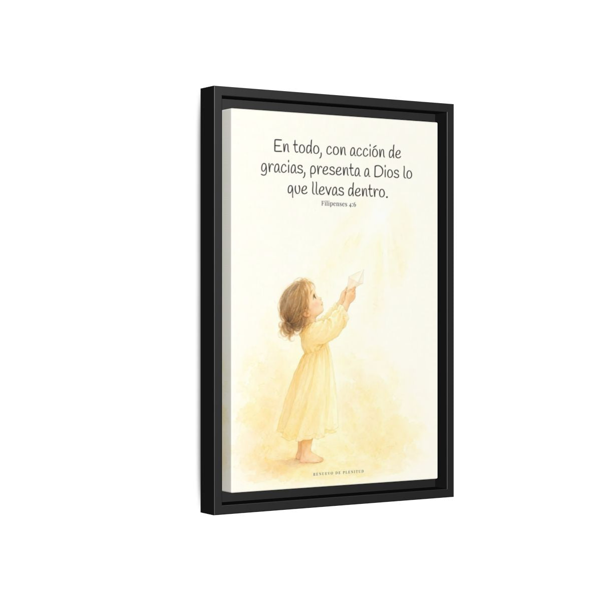 Con acción de gracias, presenta todo a Dios — Lienzo Cristiano Enmarcado | Filipenses 4:6 — 12×18 pulgadas, marco negro, vista lateral del marco flotante