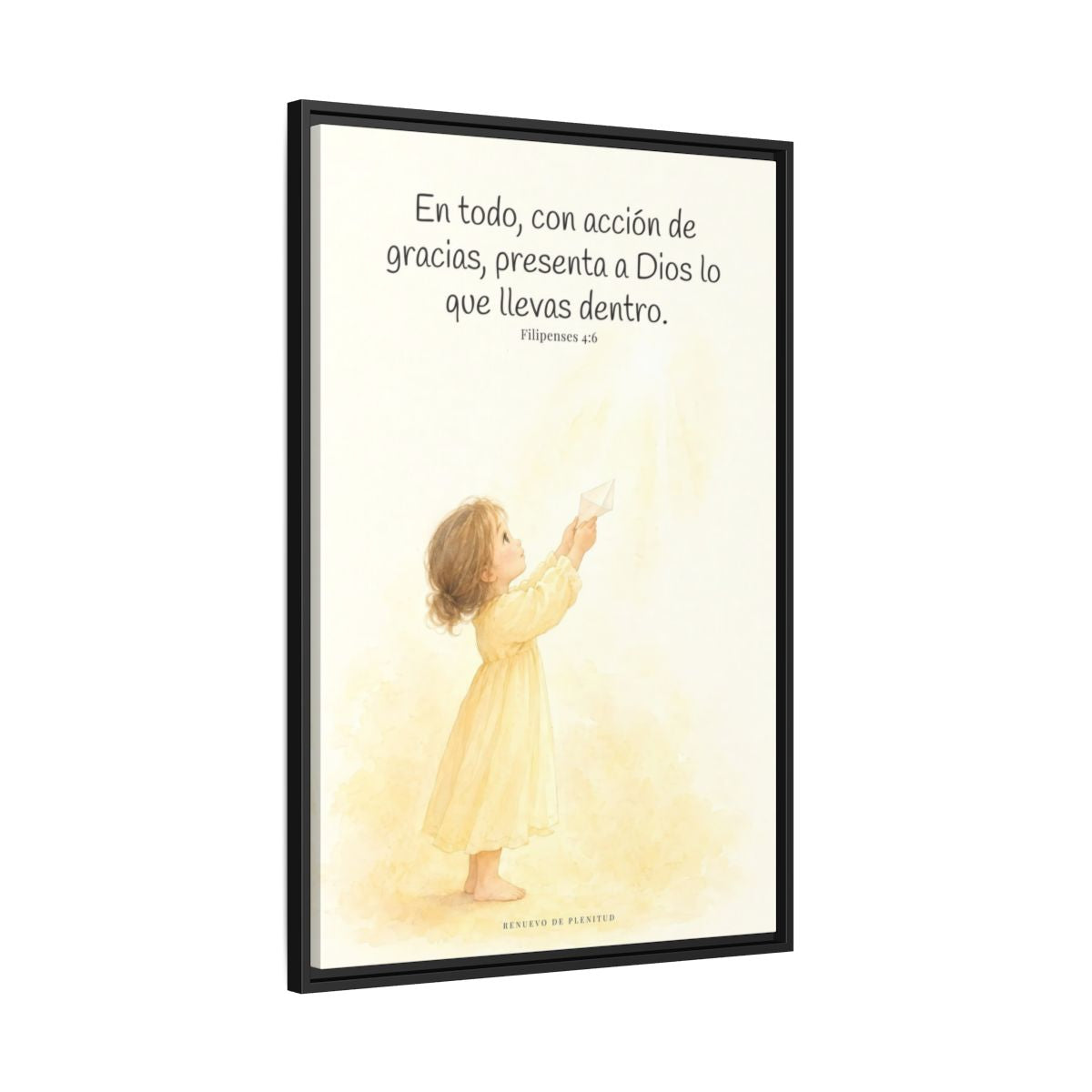 Con acción de gracias, presenta todo a Dios — Lienzo Cristiano Enmarcado | Filipenses 4:6 — 24×36 pulgadas, marco negro, vista lateral del marco flotante