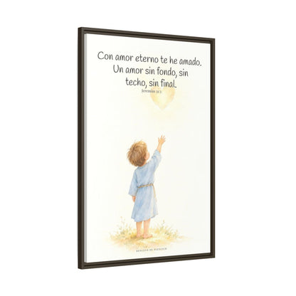 Con amor eterno te he amado — Lienzo Cristiano Enmarcado | Jeremías 31:3 — 24×36 pulgadas, marco espresso, vista lateral del marco flotante