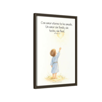 Con amor eterno te he amado — Lienzo Cristiano Enmarcado | Jeremías 31:3 — 16×24 pulgadas, marco espresso, vista lateral del marco flotante