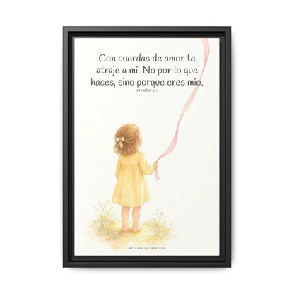 Con cuerdas de amor te atraje a mí — Lienzo Cristiano Enmarcado | Jeremías 31:3 — 12×18 pulgadas, marco negro, vista frontal