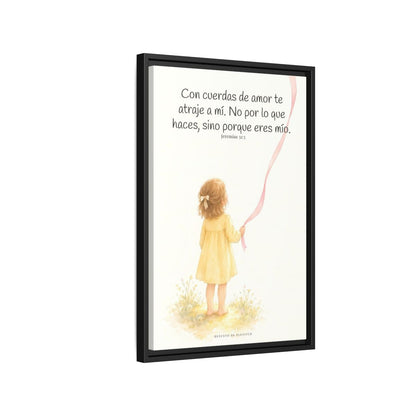 Con cuerdas de amor te atraje a mí — Lienzo Cristiano Enmarcado | Jeremías 31:3 — 16×24 pulgadas, marco negro, vista lateral del marco flotante