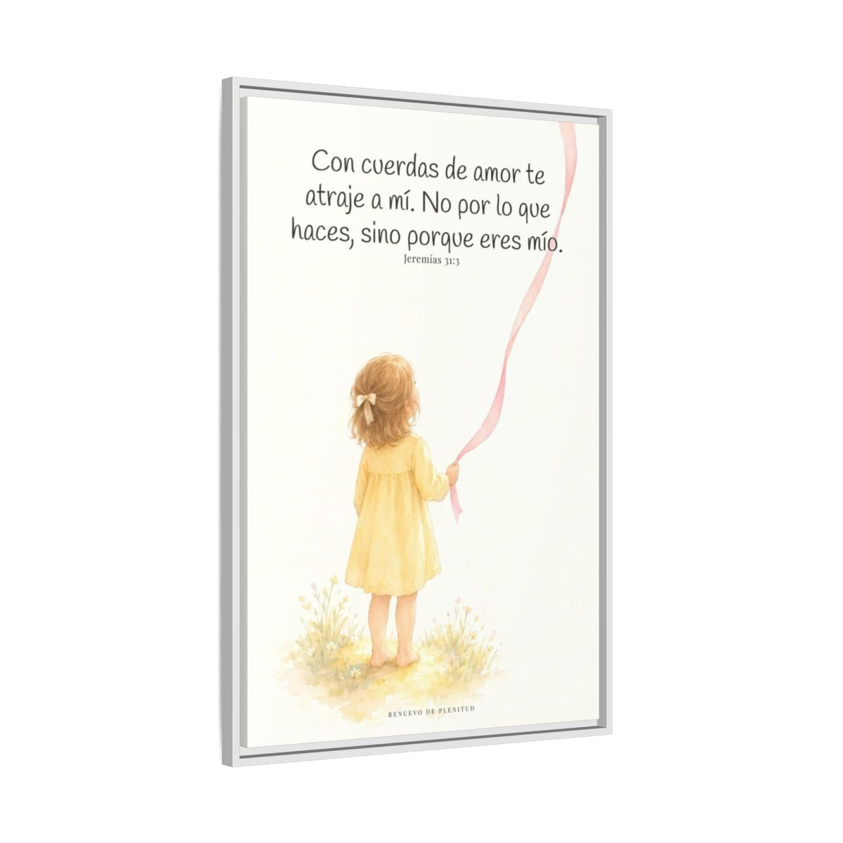 Con cuerdas de amor te atraje a mí — Lienzo Cristiano Enmarcado | Jeremías 31:3 — 24×36 pulgadas, marco blanco, vista lateral del marco flotante