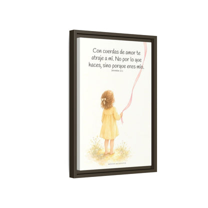 Con cuerdas de amor te atraje a mí — Lienzo Cristiano Enmarcado | Jeremías 31:3 — 12×18 pulgadas, marco espresso, vista lateral del marco flotante