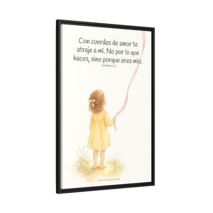Con cuerdas de amor te atraje a mí — Lienzo Cristiano Enmarcado | Jeremías 31:3 — 24×36 pulgadas, marco negro, vista lateral del marco flotante