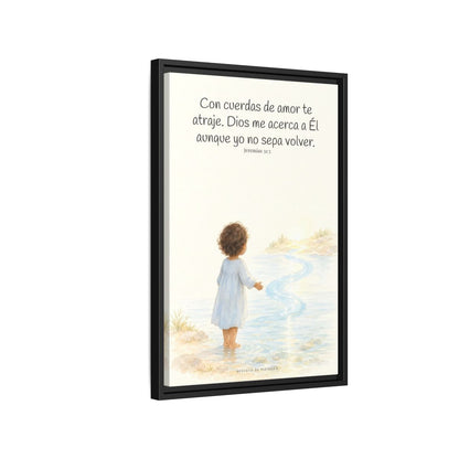 Con cuerdas de amor te atraje — Lienzo Cristiano Enmarcado | Jeremías 31:3 — 16×24 pulgadas, marco negro, vista lateral del marco flotante