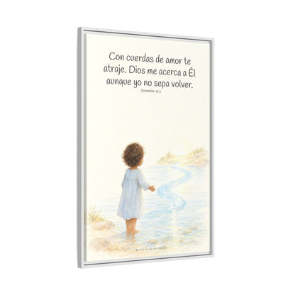 Con cuerdas de amor te atraje — Lienzo Cristiano Enmarcado | Jeremías 31:3 — 24×36 pulgadas, marco blanco, vista lateral del marco flotante