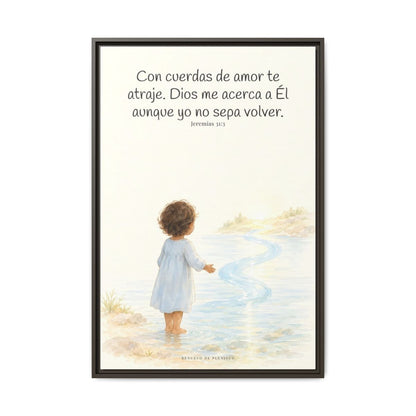 Con cuerdas de amor te atraje — Lienzo Cristiano Enmarcado | Jeremías 31:3 — 24×36 pulgadas, marco espresso, vista frontal