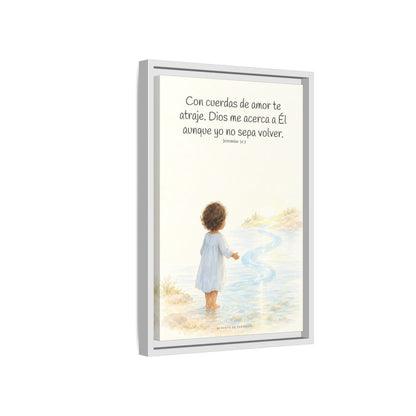 Con cuerdas de amor te atraje — Lienzo Cristiano Enmarcado | Jeremías 31:3 — 12×18 pulgadas, marco blanco, vista lateral del marco flotante