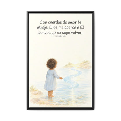Con cuerdas de amor te atraje — Lienzo Cristiano Enmarcado | Jeremías 31:3 — 24×36 pulgadas, marco negro, vista frontal