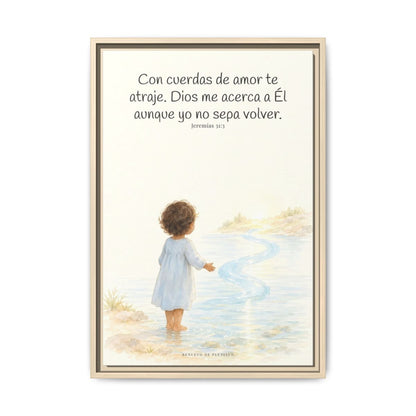 Con cuerdas de amor te atraje — Lienzo Cristiano Enmarcado | Jeremías 31:3 — 16×24 pulgadas, marco natural, vista frontal