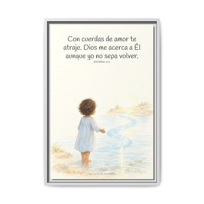 Con cuerdas de amor te atraje — Lienzo Cristiano Enmarcado | Jeremías 31:3 — 16×24 pulgadas, marco blanco, vista frontal