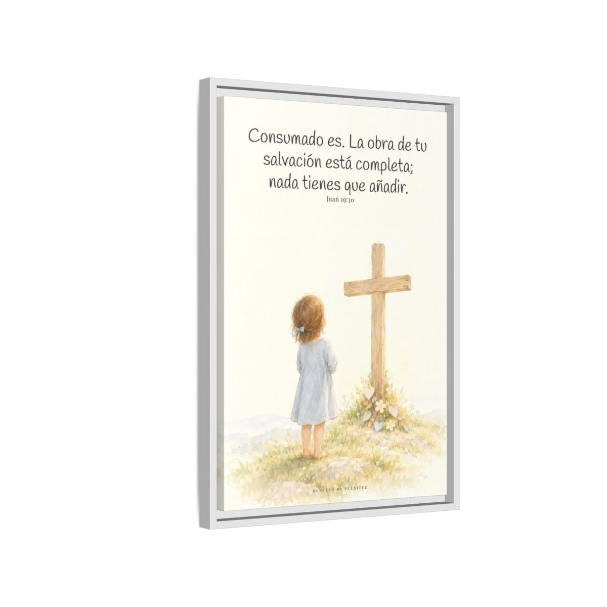 Consumado es: ya nada falta en la obra de Cristo — Lienzo Cristiano Enmarcado | Juan 19:30 — 16×24 pulgadas, marco blanco, vista lateral del marco flotante