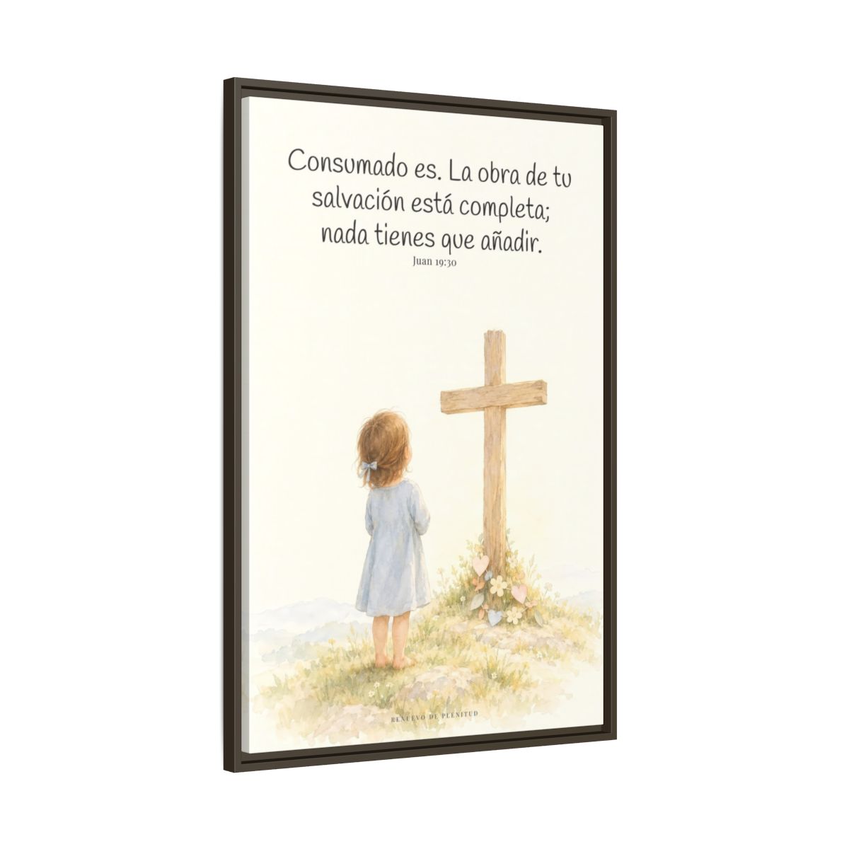 Consumado es: ya nada falta en la obra de Cristo — Lienzo Cristiano Enmarcado | Juan 19:30 — 24×36 pulgadas, marco espresso, vista lateral del marco flotante