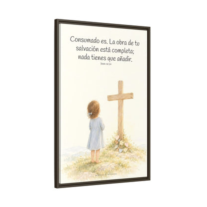 Consumado es: ya nada falta en la obra de Cristo — Lienzo Cristiano Enmarcado | Juan 19:30 — 24×36 pulgadas, marco espresso, vista lateral del marco flotante