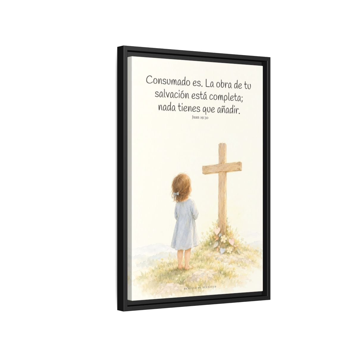 Consumado es: ya nada falta en la obra de Cristo — Lienzo Cristiano Enmarcado | Juan 19:30 — 16×24 pulgadas, marco negro, vista lateral del marco flotante