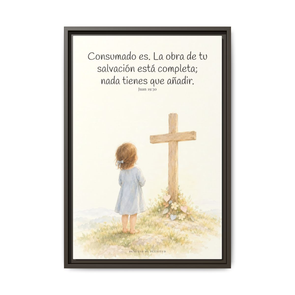 Consumado es: ya nada falta en la obra de Cristo — Lienzo Cristiano Enmarcado | Juan 19:30 — 16×24 pulgadas, marco espresso, vista frontal