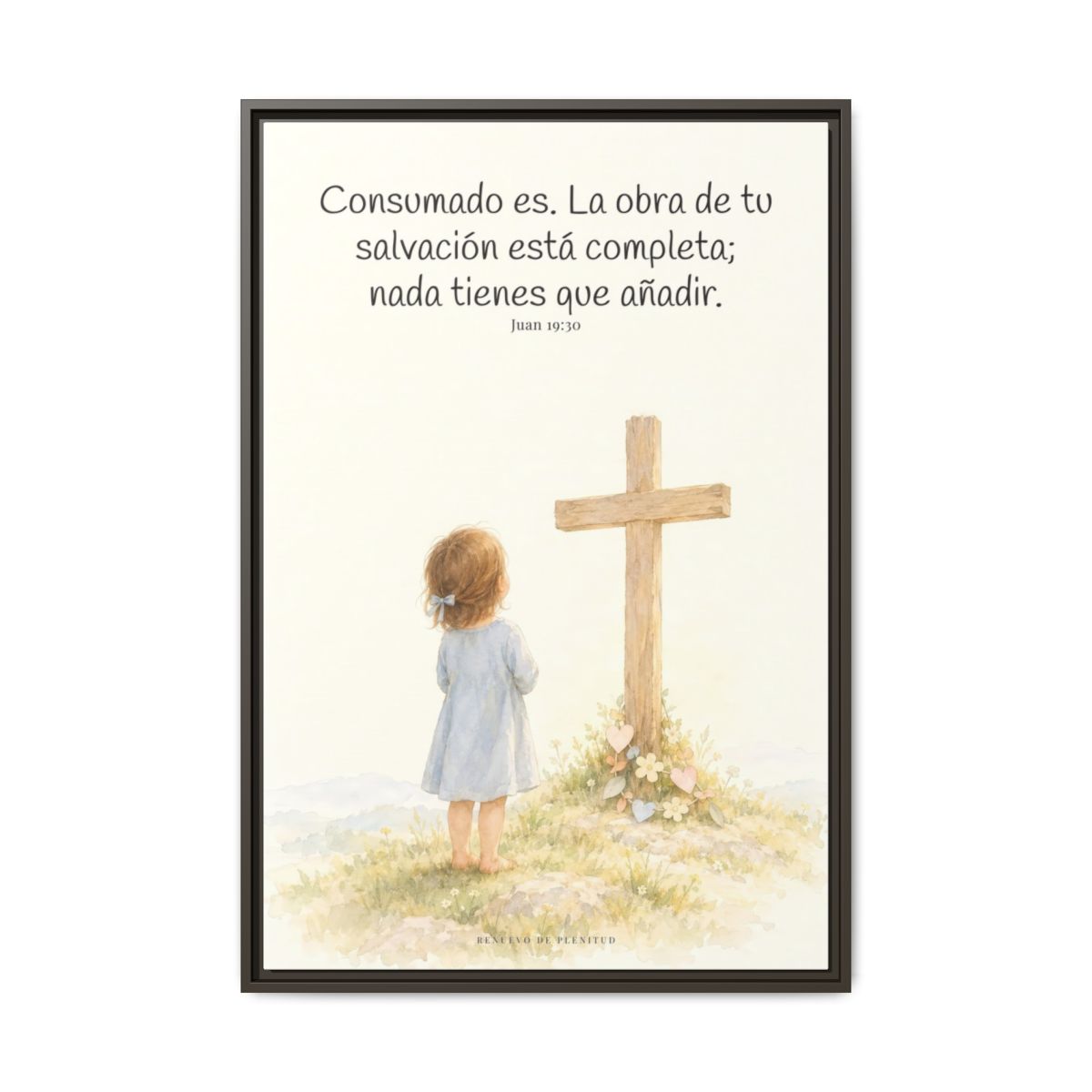 Consumado es: ya nada falta en la obra de Cristo — Lienzo Cristiano Enmarcado | Juan 19:30 — 24×36 pulgadas, marco espresso, vista frontal
