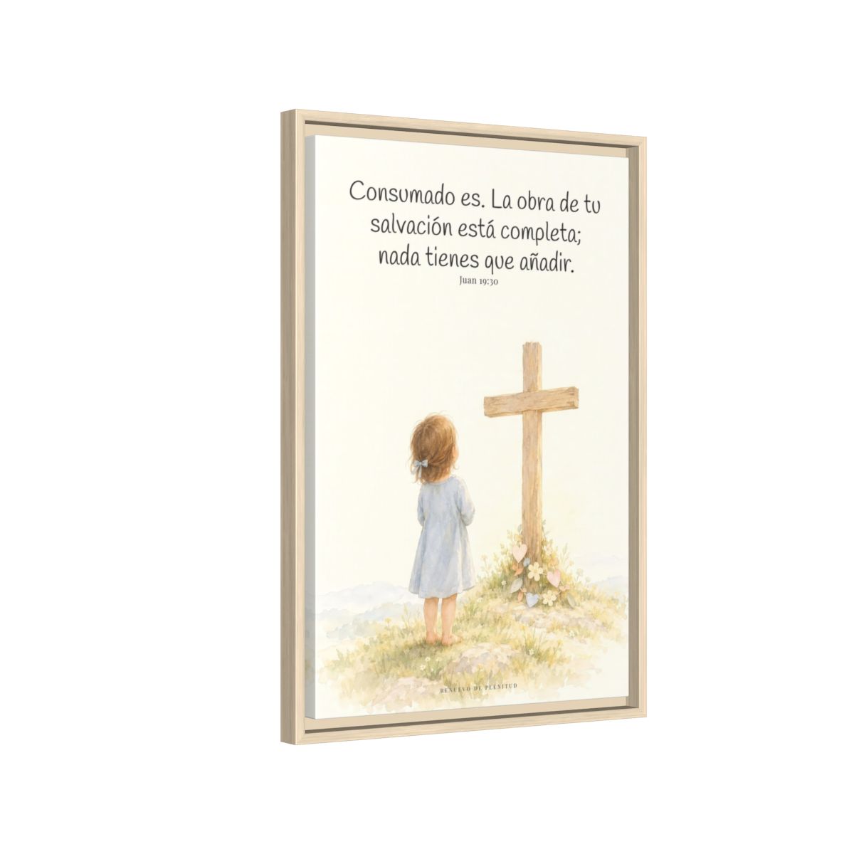 Consumado es: ya nada falta en la obra de Cristo — Lienzo Cristiano Enmarcado | Juan 19:30 — 16×24 pulgadas, marco natural, vista lateral del marco flotante