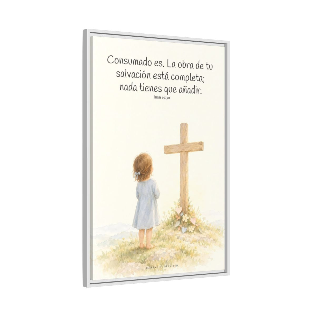 Consumado es: ya nada falta en la obra de Cristo — Lienzo Cristiano Enmarcado | Juan 19:30 — 24×36 pulgadas, marco blanco, vista lateral del marco flotante