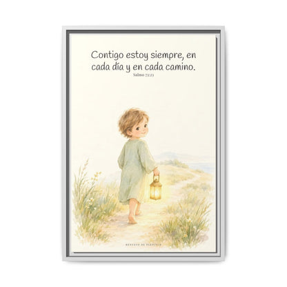 Contigo estoy siempre — Lienzo Cristiano Enmarcado | Salmo 73:23 — 16×24 pulgadas, marco blanco, vista frontal