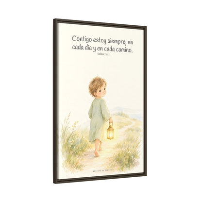 Contigo estoy siempre — Lienzo Cristiano Enmarcado | Salmo 73:23 — 24×36 pulgadas, marco espresso, vista lateral del marco flotante