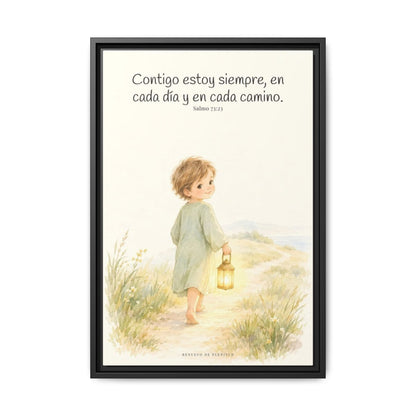 Contigo estoy siempre — Lienzo Cristiano Enmarcado | Salmo 73:23 — 16×24 pulgadas, marco negro, vista frontal