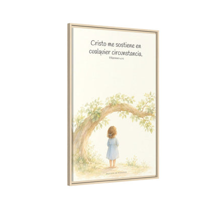 Cristo me sostiene en cualquier circunstancia — Lienzo Cristiano Enmarcado | Filipenses 4:13 — 24×36 pulgadas, marco natural, vista lateral del marco flotante