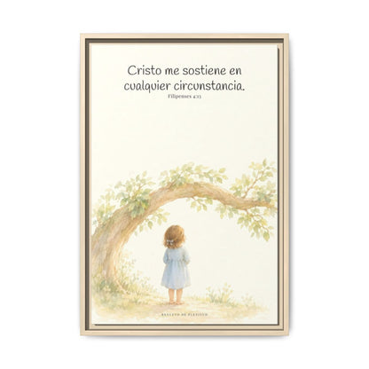 Cristo me sostiene en cualquier circunstancia — Lienzo Cristiano Enmarcado | Filipenses 4:13 — 16×24 pulgadas, marco natural, vista frontal