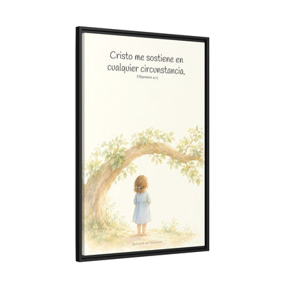 Cristo me sostiene en cualquier circunstancia — Lienzo Cristiano Enmarcado | Filipenses 4:13 — 24×36 pulgadas, marco negro, vista lateral del marco flotante