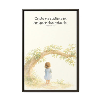 Cristo me sostiene en cualquier circunstancia — Lienzo Cristiano Enmarcado | Filipenses 4:13 — 24×36 pulgadas, marco espresso, vista frontal