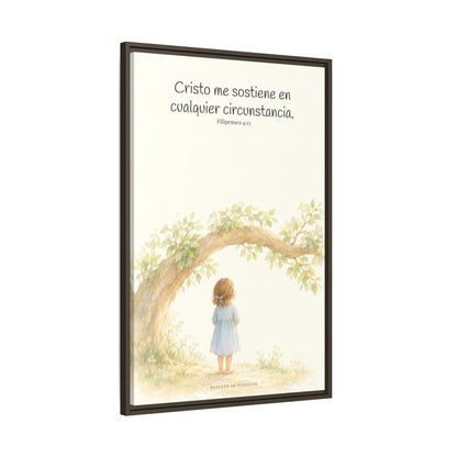 Cristo me sostiene en cualquier circunstancia — Lienzo Cristiano Enmarcado | Filipenses 4:13 — 24×36 pulgadas, marco espresso, vista lateral del marco flotante
