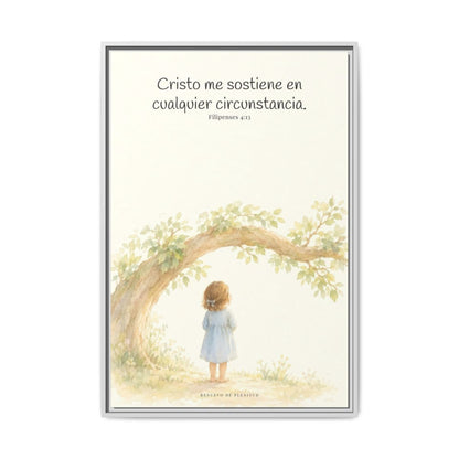 Cristo me sostiene en cualquier circunstancia — Lienzo Cristiano Enmarcado | Filipenses 4:13 — 24×36 pulgadas, marco blanco, vista frontal