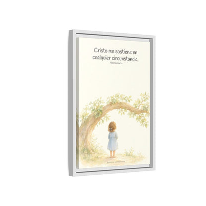 Cristo me sostiene en cualquier circunstancia — Lienzo Cristiano Enmarcado | Filipenses 4:13 — 12×18 pulgadas, marco blanco, vista lateral del marco flotante