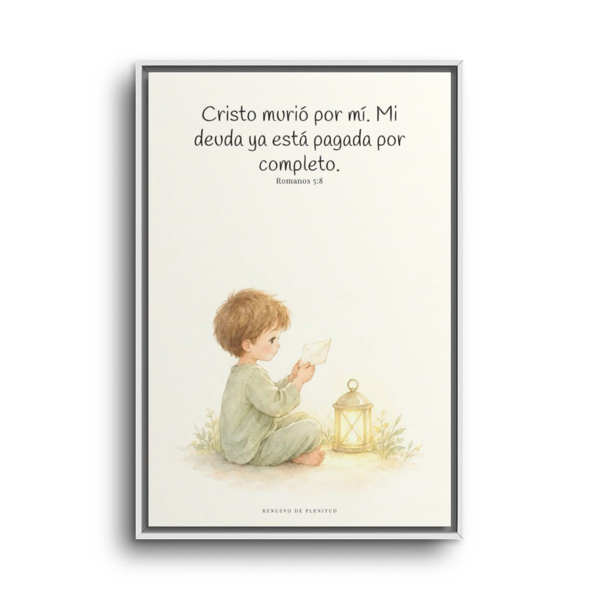 Cristo pagó lo que yo no podía pagar | Cuadro de fe enmarcado | Romanos 5:8 — 24×36 pulgadas, marco blanco, vista frontal