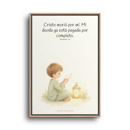 Cristo pagó lo que yo no podía pagar | Cuadro de fe enmarcado | Romanos 5:8 — 24×36 pulgadas, marco natural, vista frontal