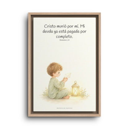 Cristo pagó lo que yo no podía pagar | Cuadro de fe enmarcado | Romanos 5:8 — 12×18 pulgadas, marco natural, vista frontal
