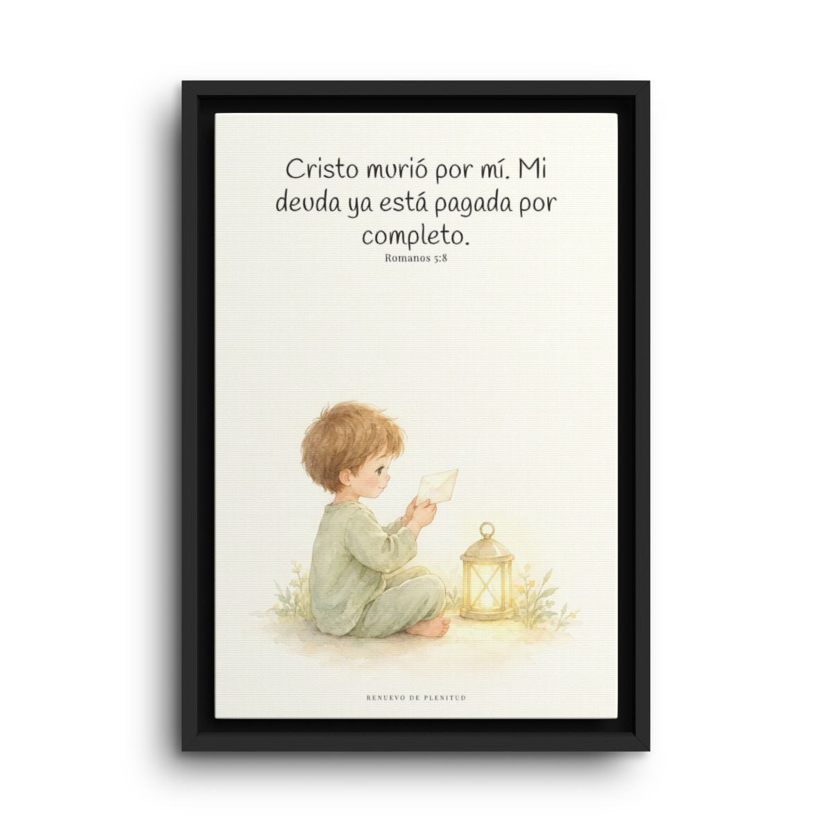 Cristo pagó lo que yo no podía pagar | Cuadro de fe enmarcado | Romanos 5:8 — 12×18 pulgadas, marco negro, vista frontal