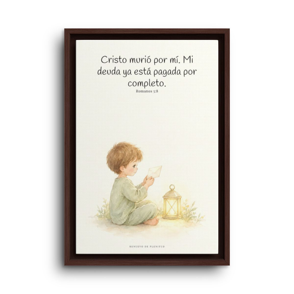 Cristo pagó lo que yo no podía pagar | Cuadro de fe enmarcado | Romanos 5:8 — 12×18 pulgadas, marco espresso, vista frontal
