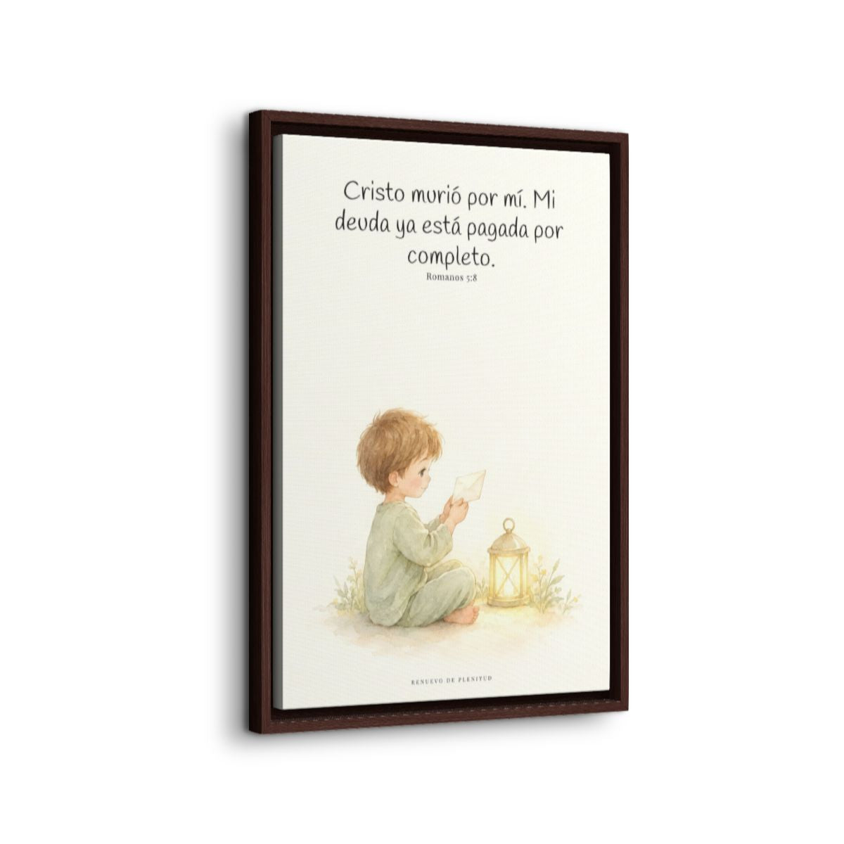 Cristo pagó lo que yo no podía pagar | Cuadro de fe enmarcado | Romanos 5:8 — 16×24 pulgadas, marco espresso, vista lateral del marco flotante