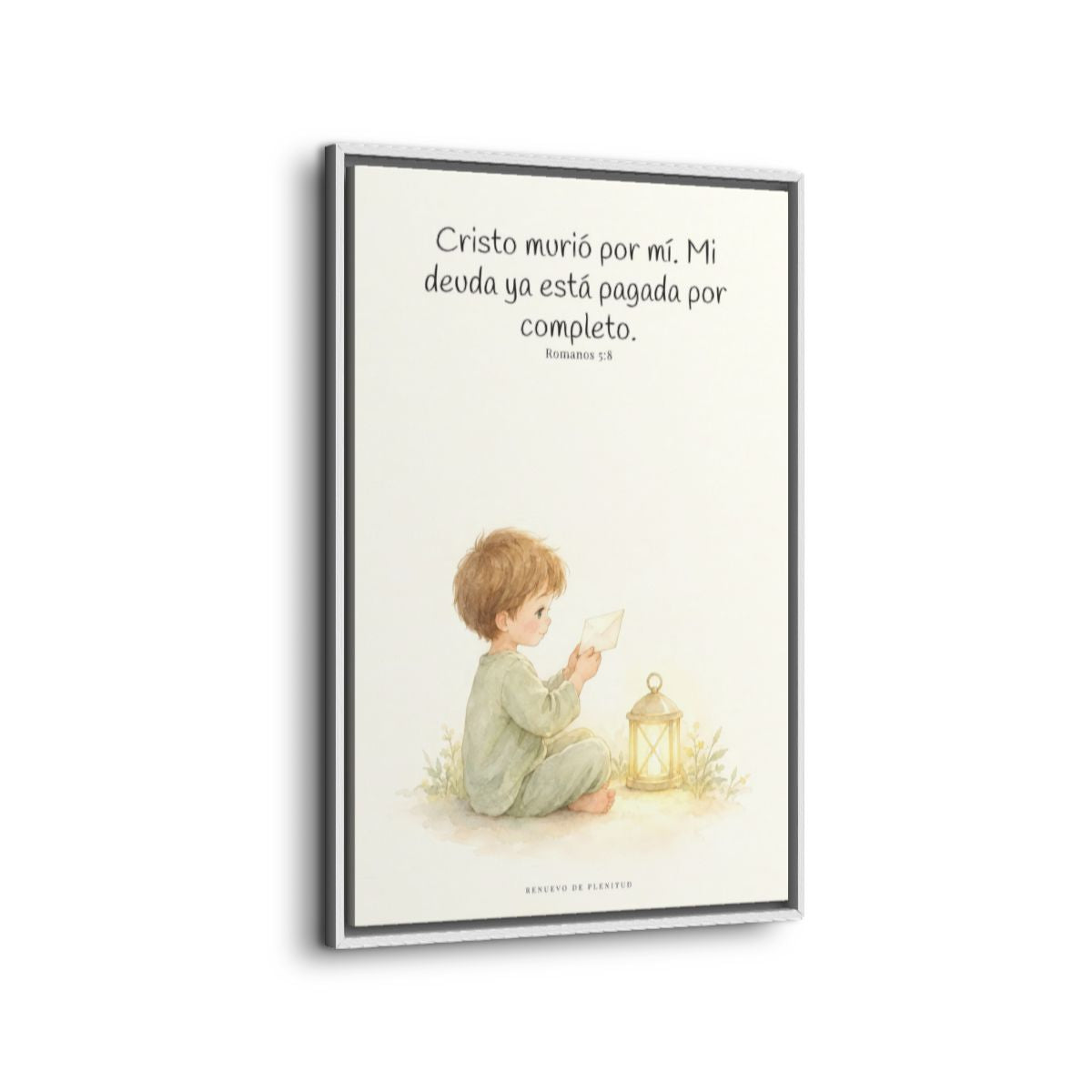 Cristo pagó lo que yo no podía pagar | Cuadro de fe enmarcado | Romanos 5:8 — 24×36 pulgadas, marco blanco, vista lateral del marco flotante