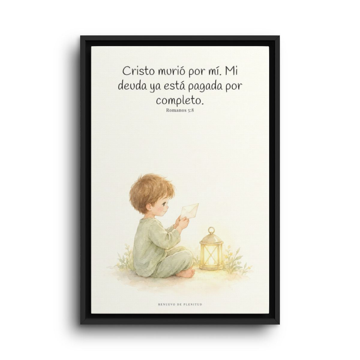 Cristo pagó lo que yo no podía pagar | Cuadro de fe enmarcado | Romanos 5:8 — 16×24 pulgadas, marco negro, vista frontal
