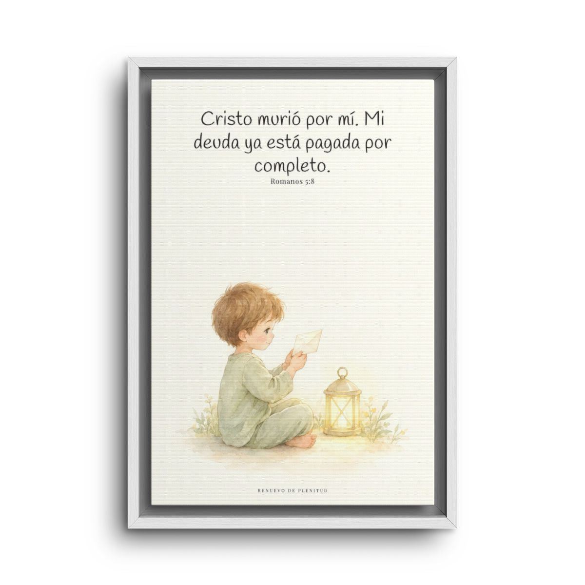 Cristo pagó lo que yo no podía pagar | Cuadro de fe enmarcado | Romanos 5:8 — 12×18 pulgadas, marco blanco, vista frontal