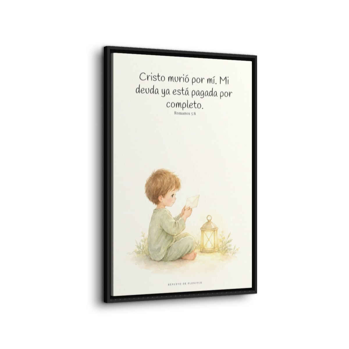 Cristo pagó lo que yo no podía pagar | Cuadro de fe enmarcado | Romanos 5:8 — 24×36 pulgadas, marco negro, vista lateral del marco flotante