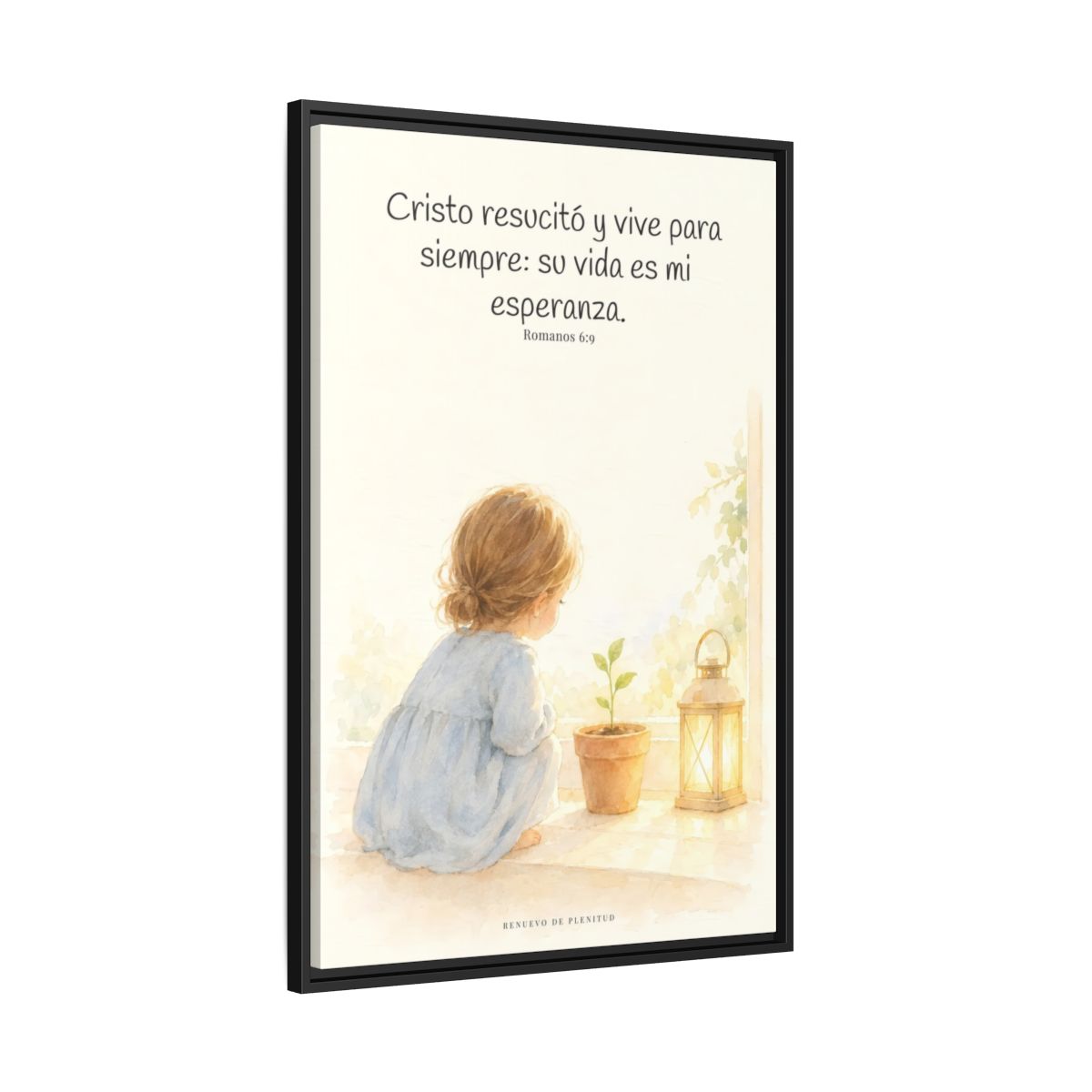 Cristo vive para siempre y nunca más muere — Lienzo Cristiano Enmarcado | Romanos 6:9 — 24×36 pulgadas, marco negro, vista lateral del marco flotante