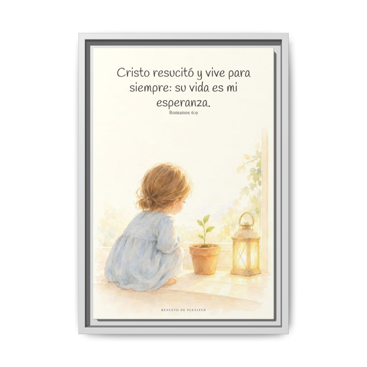 Cristo vive para siempre y nunca más muere — Lienzo Cristiano Enmarcado | Romanos 6:9 — 12×18 pulgadas, marco blanco, vista frontal