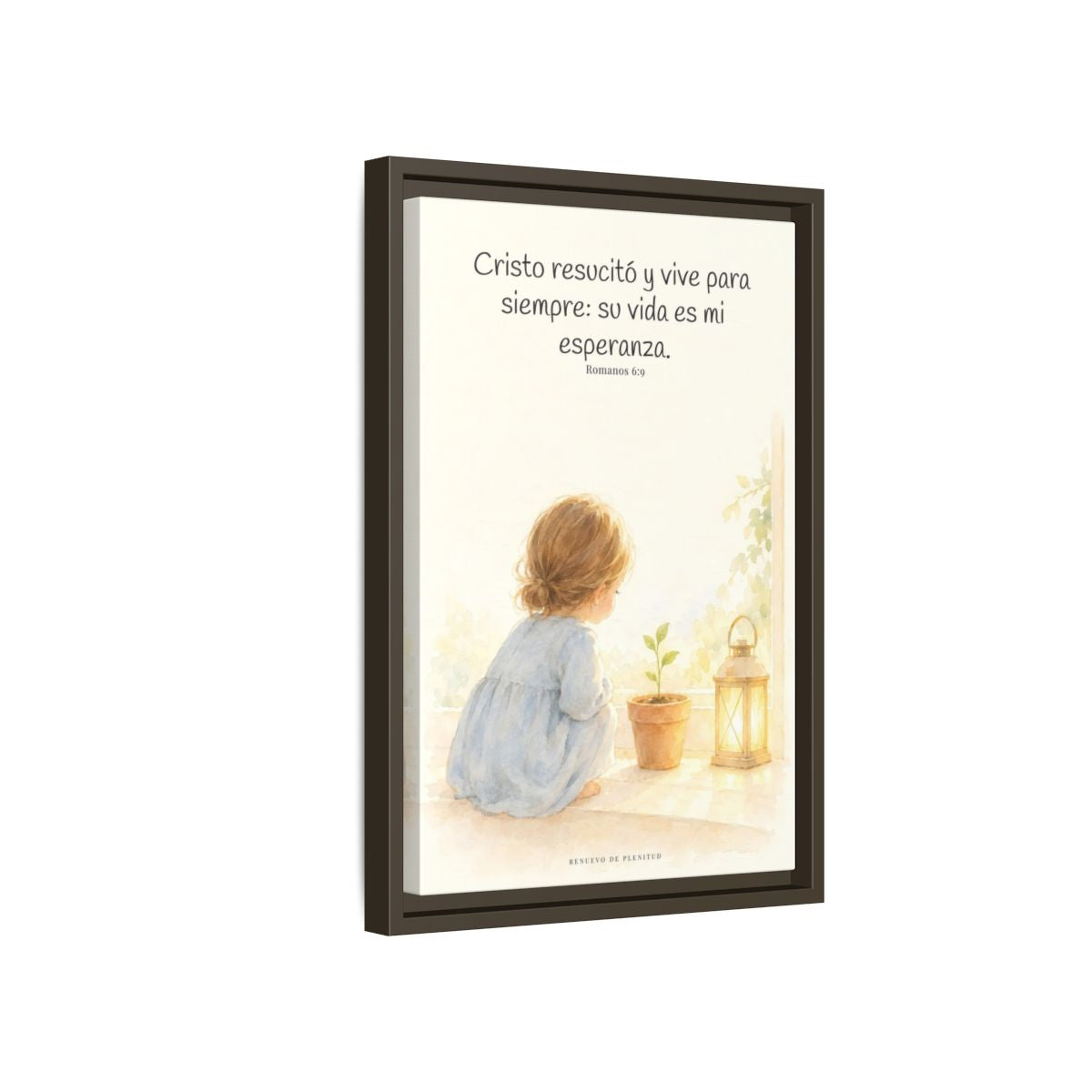 Cristo vive para siempre y nunca más muere — Lienzo Cristiano Enmarcado | Romanos 6:9 — 12×18 pulgadas, marco espresso, vista lateral del marco flotante