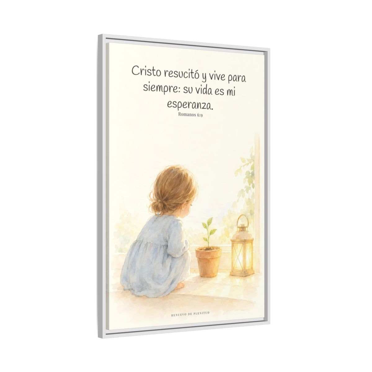 Cristo vive para siempre y nunca más muere — Lienzo Cristiano Enmarcado | Romanos 6:9 — 24×36 pulgadas, marco blanco, vista lateral del marco flotante